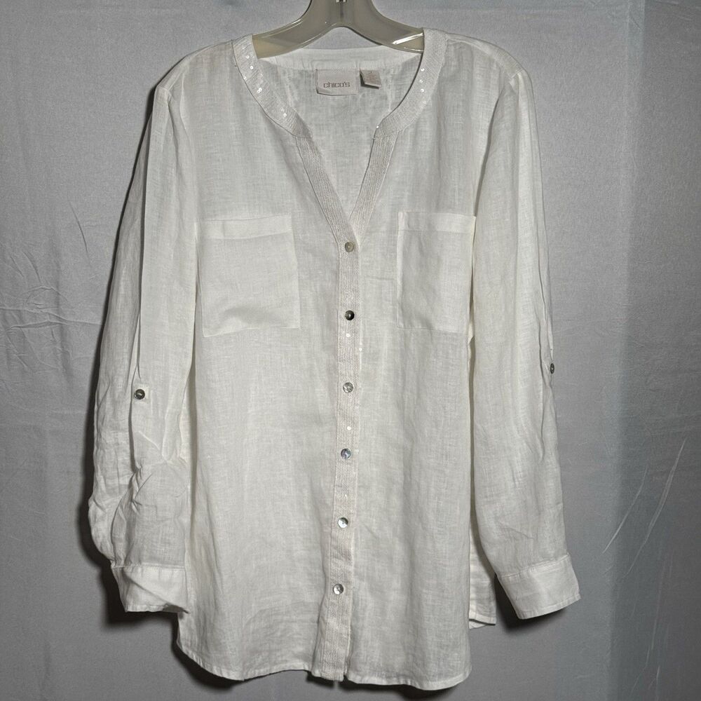 Chico’s White 100% Linen Button Front Blouse Lace Back Sequin Trim Size 2 L